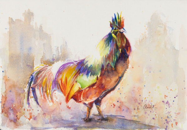 A vibrant rooster display